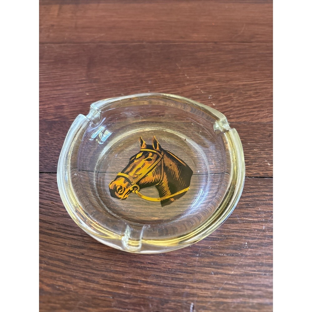 Vintage Clear Glass Crystal Ashtrays Brown Horse Head in Center 4.5"